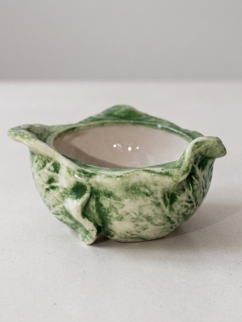Vintage Holland Signed 1996 Studio Pottery Green Leaf Sculptural Bowl 7"